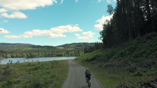 Ciclista paseo por hermosa carretera de grava bosque — Vídeos de Stock