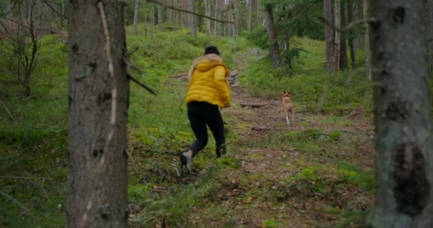 Молодая женщина бежит по лесной тропинке со своей собакой — стоковое видео