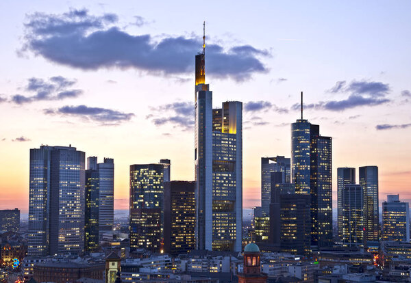View of the skyline of Frankfurt am Main in the evening.