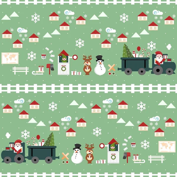 Karácsonyi Rajzfilm Minta Mikulás Nyilvánított Bemutatja Vonattal Vektoros Illusztráció — Stock Vector