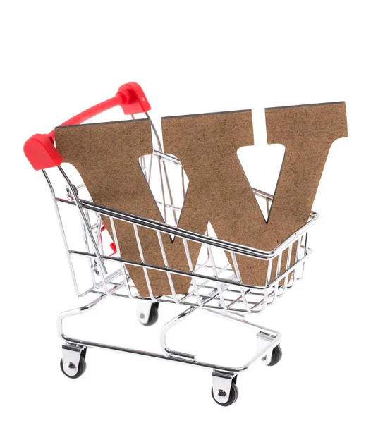 Gemener Trä Tredimensionella Volymetriska Bokstaven Mini Shopping Trolley Vagn Vit — Stockfoto