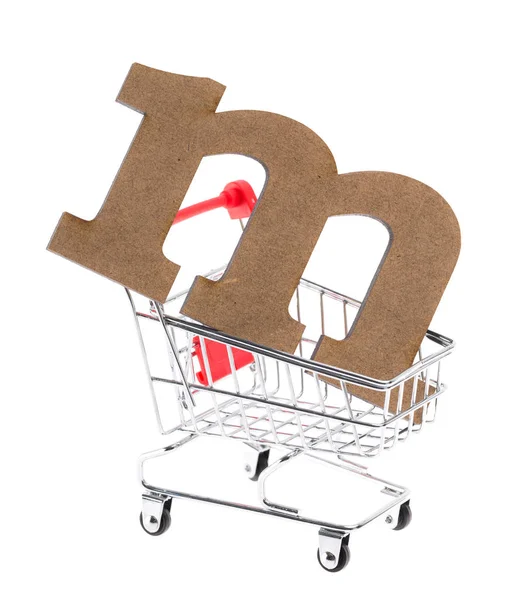 Lowercase Wooden Three Dimensional Volumetric Letter Mini Shopping Trolley Cart — Stock Photo, Image