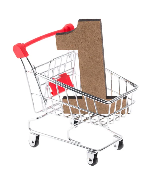 Trä Tredimensionella Volymetriska Siffran Mini Shopping Trolley Vagn Vit Bakgrund — Stockfoto