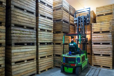 Elektrikli forkliftteki çalışan olgun elmaları soğutucusuz bir depolama kamerasının içine taşıyacak. Büyük bir deponun ürünlerini sınıflandırma, paketleme ve depolama tesisleri.