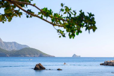 Güzel yaz panoramik deniz manzarası. Güneş ışığında berrak masmavi su ile defne deniz görünüme uçurumdan. Tekneler ve yatlar liman. Akdeniz, Avrupa'da bir yerde.
