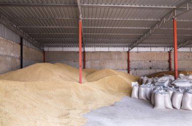 Yığın yığın-in buğday taneleri ve çuval fabrikası depolama veya tahıl Asansör.