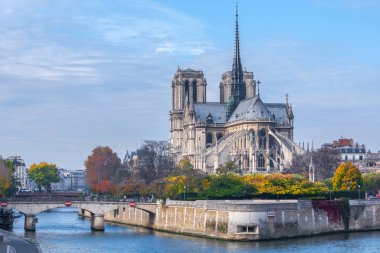 Katedrali Notre Dame de Paris güneşli sonbahar öğleden sonra. Seine Nehri çıkabilir. Yerliler ve turistler bir yürüyüşe ve sıcak havalarda rahatla. Bulanık, tanınmayan yüzler. Paris. Fransa.