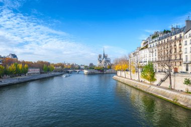 Katedrali Notre Dame de Paris güneşli sonbahar öğleden sonra. Seine Nehri çıkabilir. Yerliler ve turistler bir yürüyüşe ve sıcak havalarda rahatla. Bulanık, tanınmayan yüzler. Paris. Fransa.
