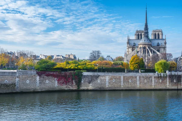 Katedralen Notre Dame Paris Solig Höst Eftermiddag Banvallen Floden Seine — Stockfoto