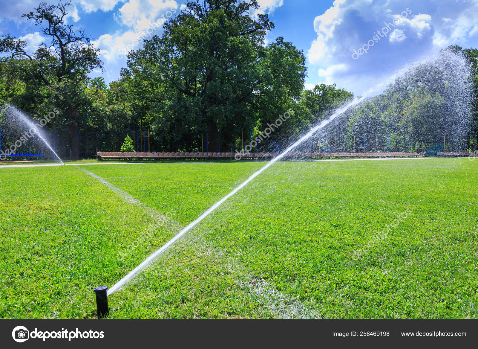 Automatic lawn grass watering system at the stadium. A football, Stock