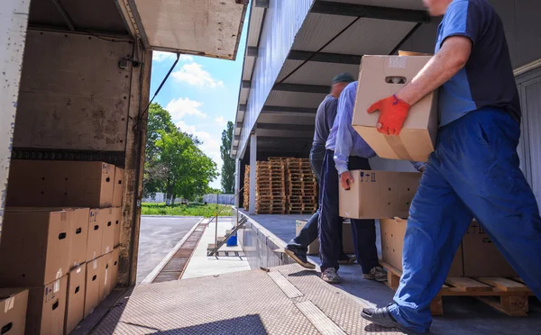 İşçiler bitmiş ürünlerle kamyona karton yüklerler.. — Stok fotoğraf