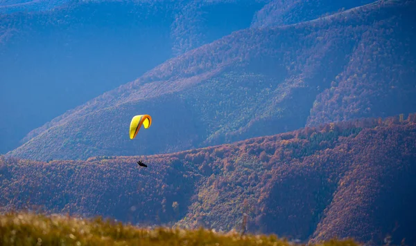 Paraglider flyger över Karpaterna på sommaren höstdagen — Stockfoto