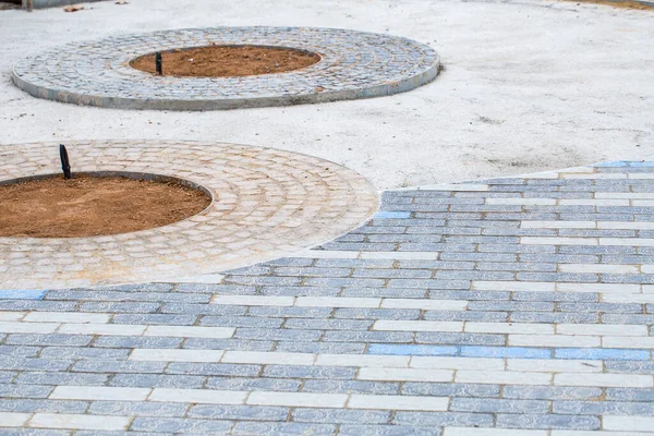 Trabalhos Construção Pavimento Instalação Blocos Paver Concreto Calçada Fragmentos Calçada — Fotografia de Stock