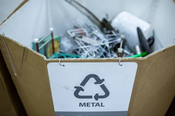 Sorting Recyclables Sorted Scrap Metal Placed Container Appropriate Marking — Stock Photo, Image