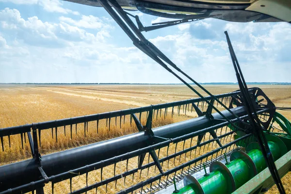 收割粮食作物的机器 在阳光明媚的夏日 在黑麦田里把收获机结合起来 从组合舱看 农业机械主题 — 图库照片