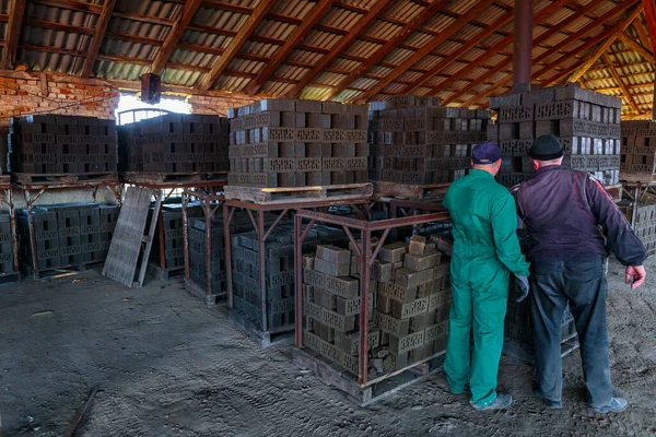 Productie Van Bakstenen Een Steenfabriek Gesmolten Bakstenen Die Pallets Worden — Stockfoto