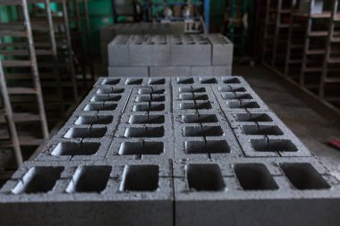 Baskılı çimento harcından endüstriyel yapı malzemeleri üretimi. Yüksek kalite beton blok ya da beton tuğla. Baskıdan sonra paletlerin üzerine istiflenmiş bitmiş ürünler.
