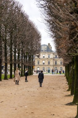 Lüksemburg Bahçeleri 'ndeki çıplak kestane ağaçlarından oluşan uzun bir ara sokak Lüksemburg Sarayı' na çıkıyor. Fransa 'nın Paris şehrinde bulutlu bir günde tanınmayan insanlar çakıllı bir yolda yürüyorlar..