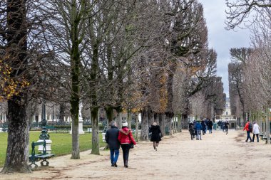 Lüksemburg Bahçeleri 'ndeki çıplak kestane ağaçlarından oluşan uzun bir ara sokak Lüksemburg Sarayı' na çıkıyor. Fransa 'nın Paris şehrinde bulutlu bir günde tanınmayan insanlar çakıllı bir yolda yürüyorlar..