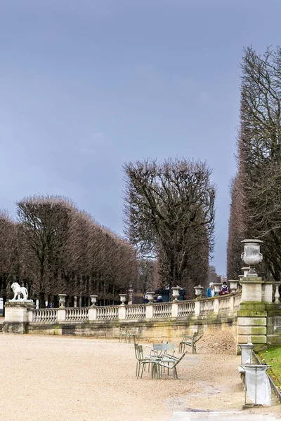 Fransa, Paris 'teki Lüksemburg Bahçeleri' nde demir parmaklıklar ve dekoratif vazolarla taş basamaklar. Bulutlu bir sonbahar gününde arka planda çimenli bir yamaç ve çıplak ağaçlar vardır..