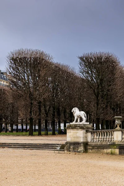 Fransa 'nın Paris kentindeki Lüksemburg Bahçeleri' ndeki çakıl yolunda bir taş üste beyaz bir aslan heykeli bulunuyor. Bulutlu bir sonbahar gününde arka planda çıplak ağaçlar ve insanlar var..