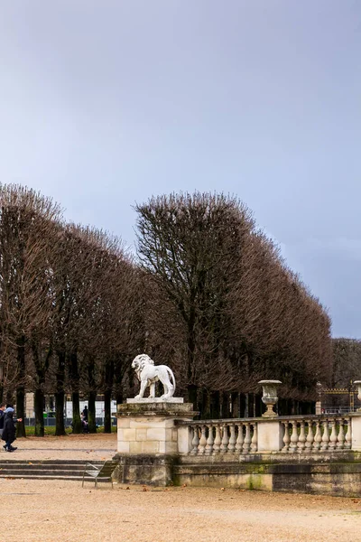 Fransa 'nın Paris kentindeki Lüksemburg Bahçeleri' ndeki çakıl yolunda bir taş üste beyaz bir aslan heykeli bulunuyor. Bulutlu bir sonbahar gününde arka planda çıplak ağaçlar ve insanlar var..