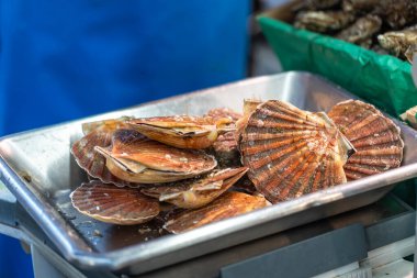 Taze deniz tarakları Fransa 'nın Paris kentindeki bir deniz ürünleri pazarında metal bir tepside sergilenmektedir. Kabukları turuncu ve kahverengidir..