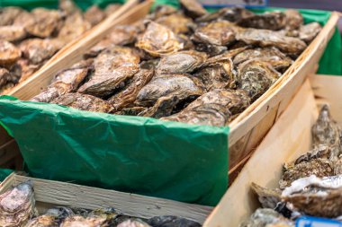 Kaba ve katmanlı taze istiridyeler Fransa 'nın Paris kentindeki bir deniz ürünleri pazarında ahşap bir sandıkta satılıktır. Kabuklar çeşitli kahverengi ve gri renklere sahiptir..