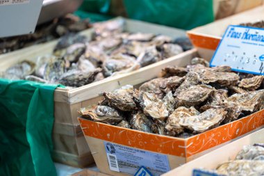 Paris, Fransa - 4 Aralık 2021: Fines Normandes 'in yerel Fransız istiridyeleri bir sokak pazarında satılıktır. İstiridyeler ahşap bir sandıkta sergileniyor. Üzerinde Fransızca bir işaret var..