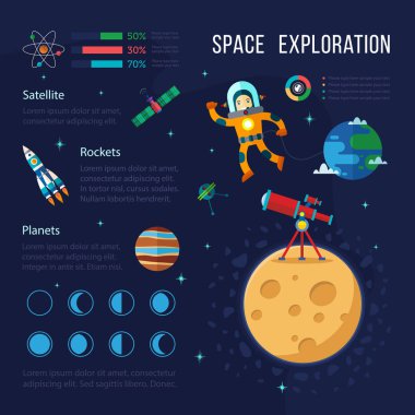 Uzay keşif tasarım düz vektör çizim sembollerle astronot, Moon, roket, yıldız.