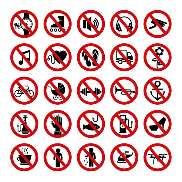 Набор красных иконок запрета. Запретные знаки. Векторная иллюстрация
