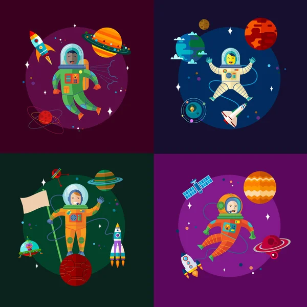 Conjunto Astronautas Espacio Ilustración Vectorial Plana Con Nave Espacial Satélite — Vector de stock