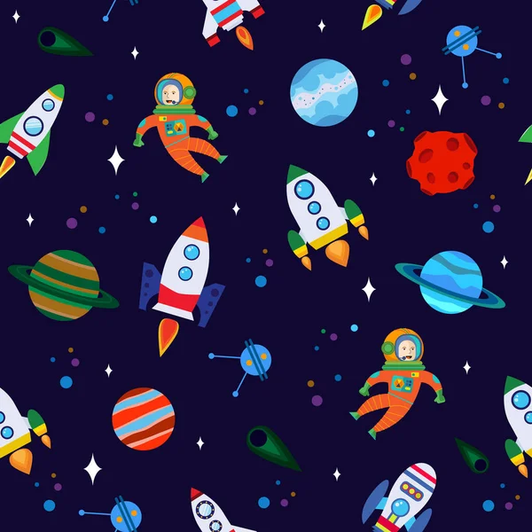 Vector Seamless Pattern Rockets Κομήτες Πλανήτες Και Αστροναύτες Εικονογράφηση Διανύσματος — Διανυσματικό Αρχείο