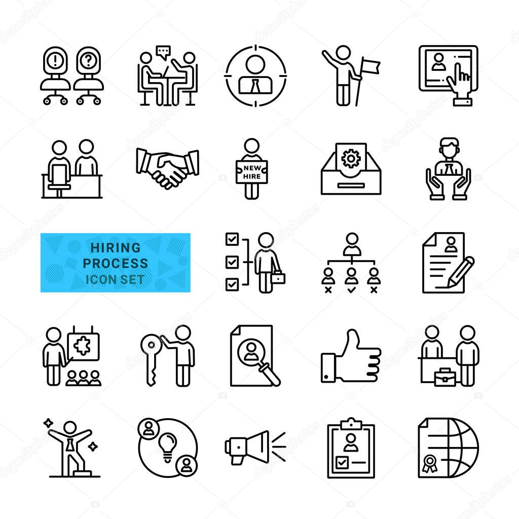 Set of Icons About Hiring Process. Include Outline Icons Human Resources, Handshake, Training, Business Management. vector Illustration.