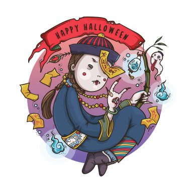 Jiangshi vampir hayalet Cadılar bayramında beyaz arka plan, Sevimli çizgi film karakteri için kırmızı bayrak ve ruh fener tutarak atlamalı Çince vektör çizim