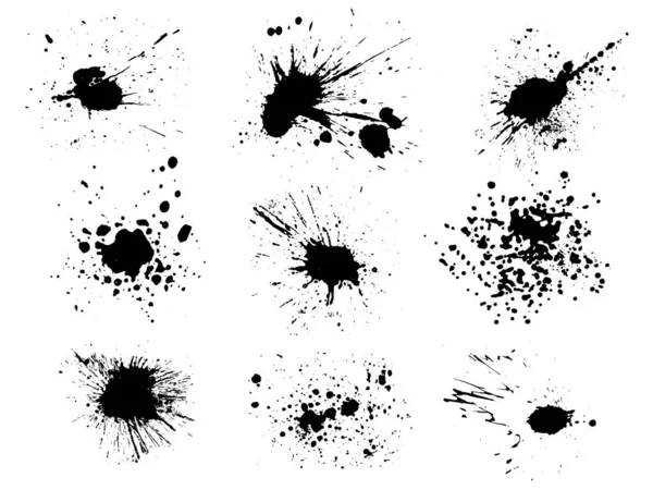 ベクトル黒と白のインクスプラッシュ ブロックとブラシストローク スポット スプレー スマッジ スパッター スプラッタ ドリップ ドロップ インクブロブデザイン — ストックベクタ
