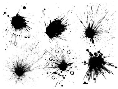 Vektör siyah ve beyaz mürekkep sıçraması, leke ve fırça darbesi, nokta, sprey, leke, sıçrama, sıçrama, damla, damla, mürekkep lekesi tasarım, arkaplan.