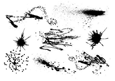 Vektör siyah ve beyaz mürekkep sıçraması, leke ve fırça darbesi, nokta, sprey, leke, sıçrama, sıçrama, damla, damla, mürekkep lekesi Grunge tasarım ve arkaplan için elementleri desenlendirdi. Patlama şekli