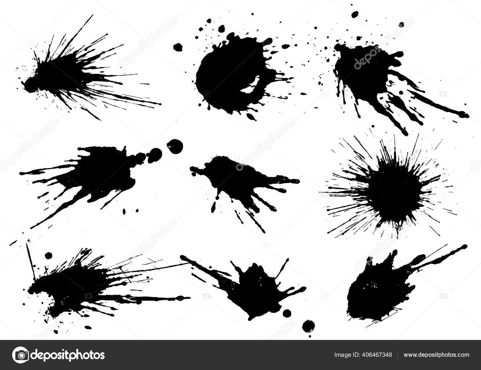 Black paint, ink splash, brushes ink droplets, blots. Black ink splatter  background, isolated on white. Stock Vector
