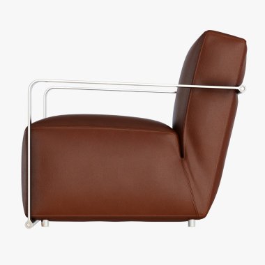 Demir kol dayama görünümünden yan 3d render ile yumuşak kahverengi deri koltuk