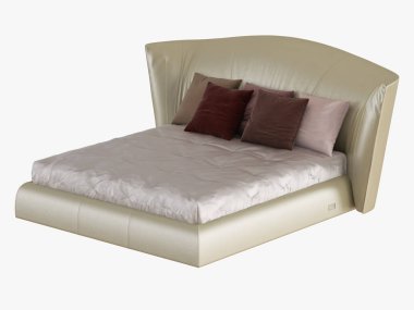 Büyük bej yatak yumuşak geri ve renkli yastıklar yan görünümü 3d render