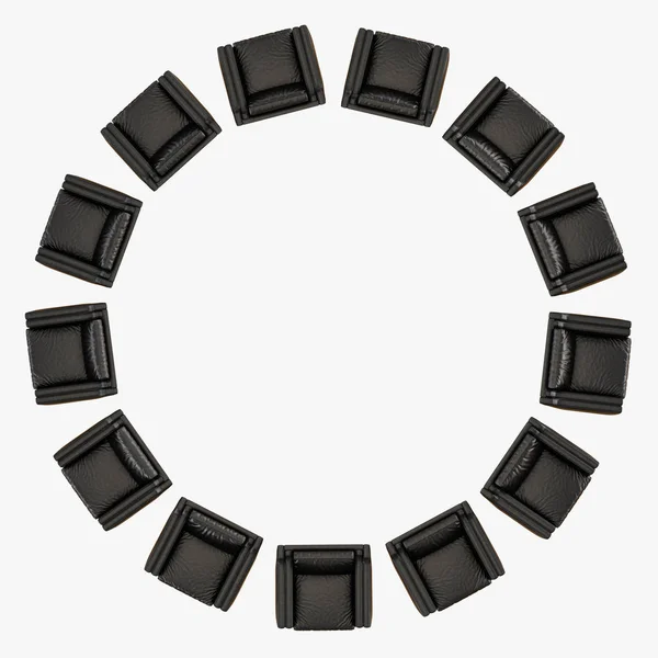Soft black leather chairs stand in a circle 3d rendering