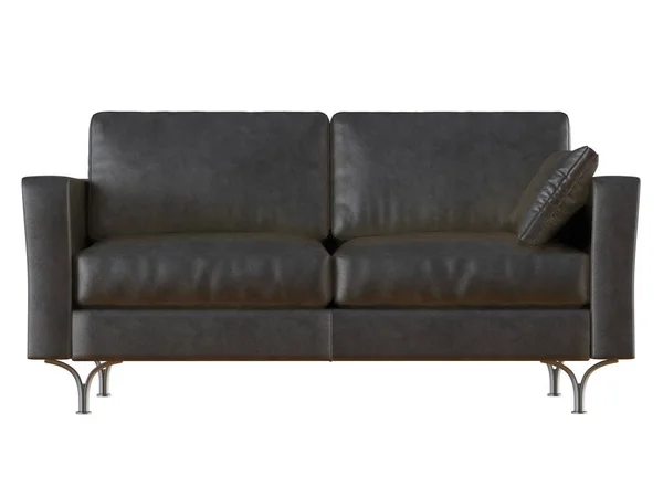 Two Black Leather Sofa Pillow Iron Legs White Background Rendering — Stock Photo, Image