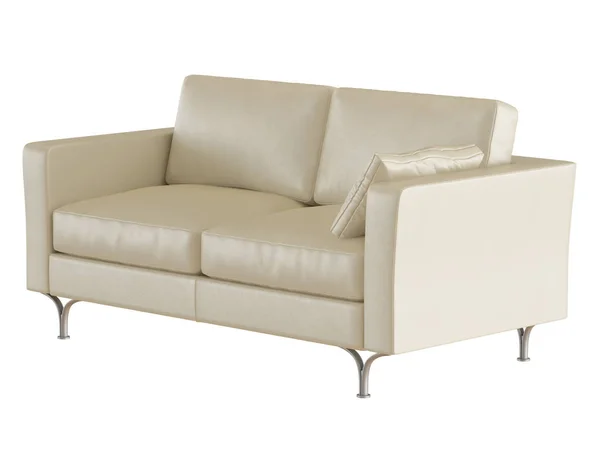 白い背景の レンダリングに鉄の脚を枕のベージュの革のソファ — ストック写真