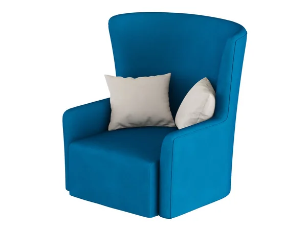 Weicher Blauer Stuhl Mit Zwei Kissen Auf Weißem Hintergrund — Stockfoto