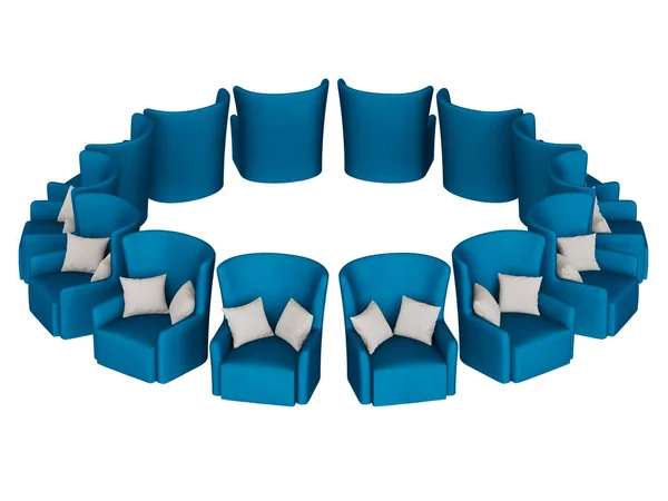 Silla Azul Suave Con Dos Almohadas Encuentra Círculo Sobre Fondo — Foto de Stock