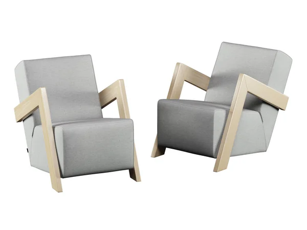 Two Armchairs Made Gray Fabric Wooden Armrests Made Fabric White — Stock Photo, Image