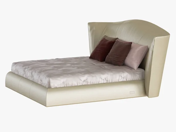 Large beige bed with a soft back and colored pillows side view 3D rendering