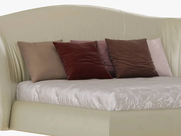 Large beige bed with a soft back and colored pillows 3D rendering