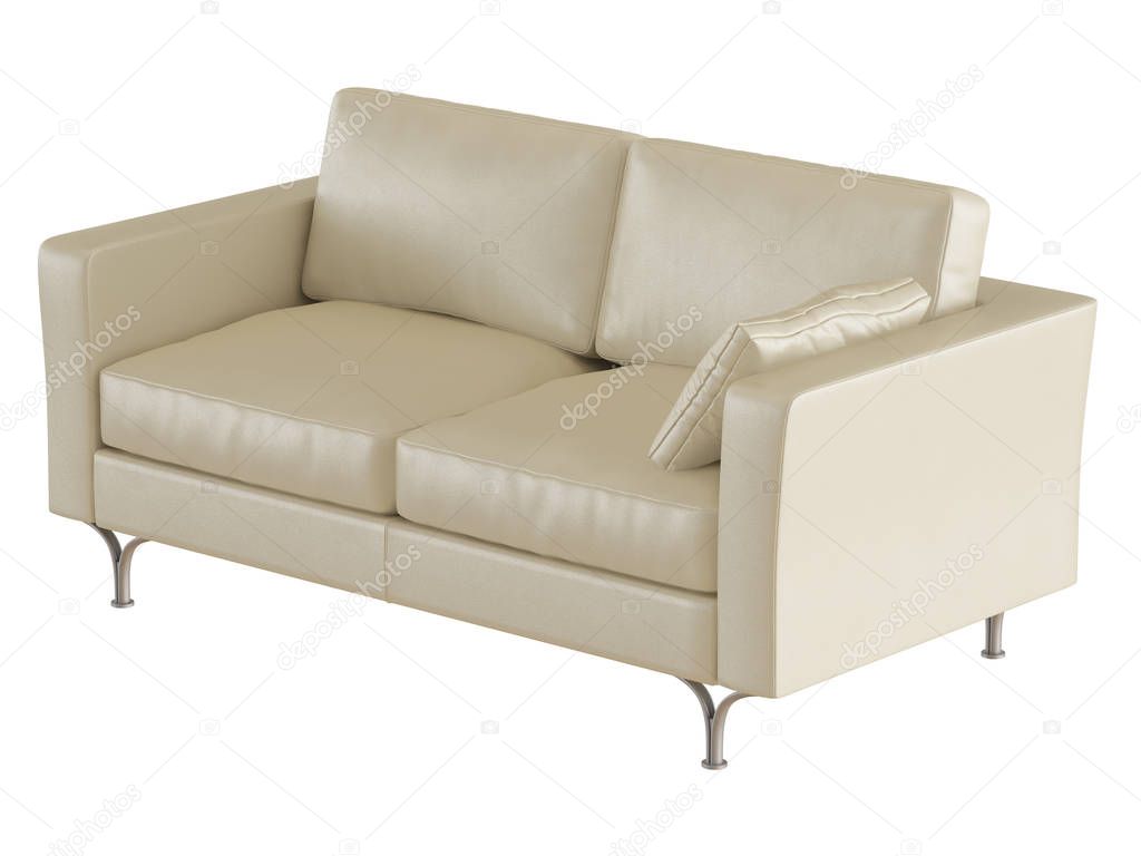 Beige leather sofa with a pillow with iron legs on a white background 3d rendering